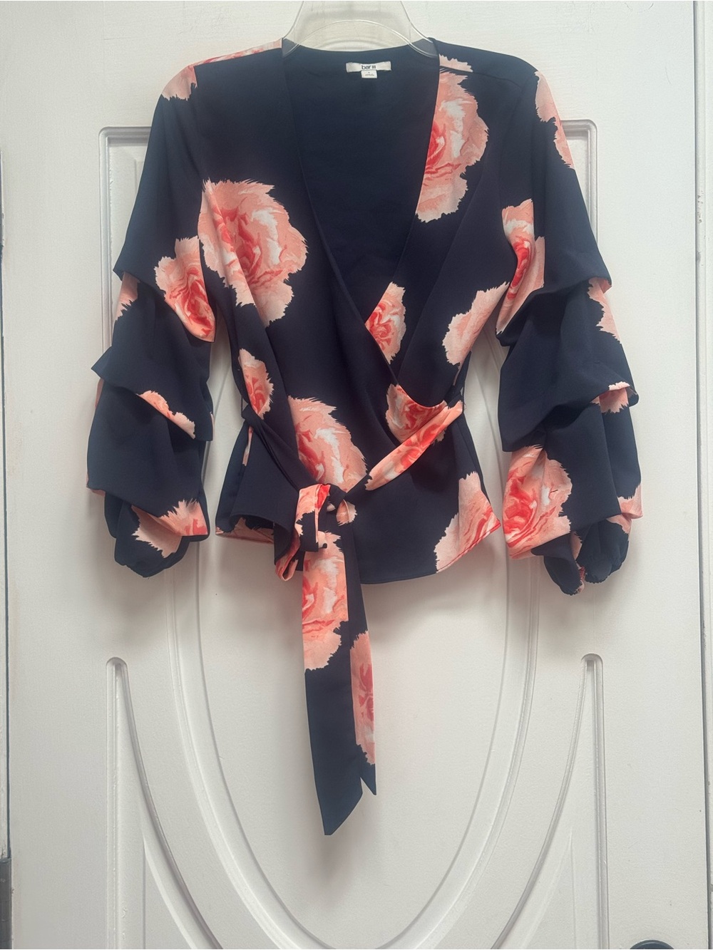 Bar III Black Wrap Blouse with Coral Floral Print